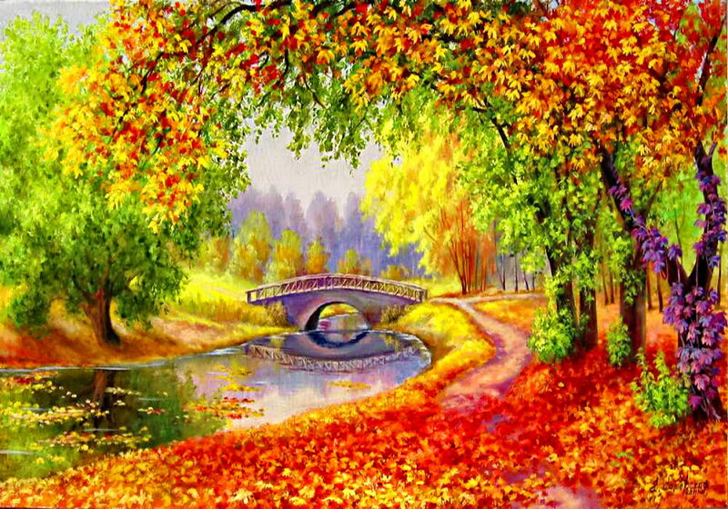 Autumn Park with Bridge — Red, Serene