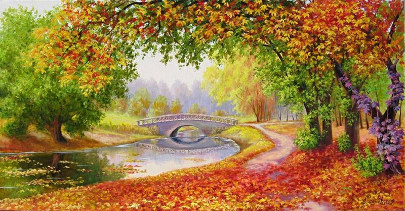 Autumn Park with Bridge — Red