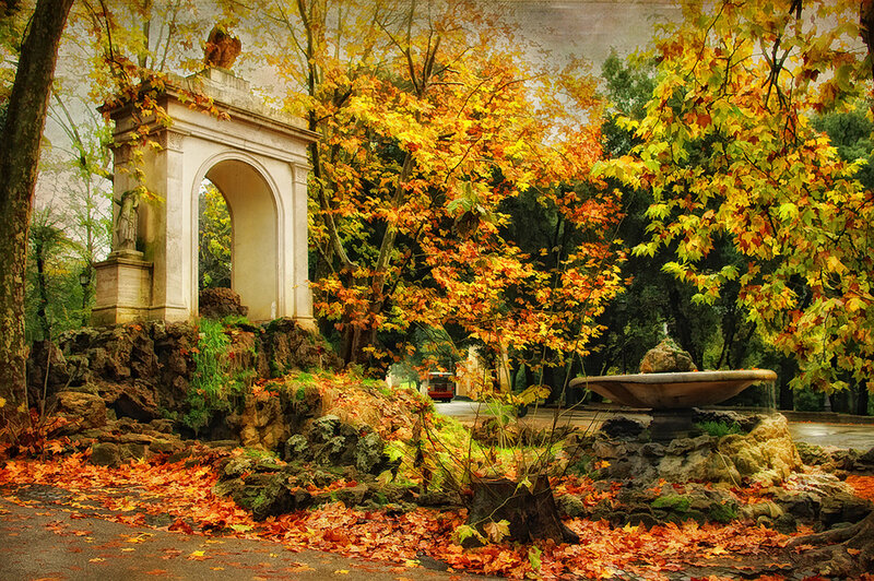 Autumn Park with Fountain — Orange, Serene