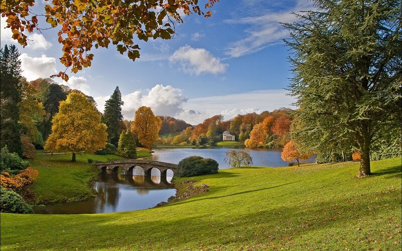 Autumn park with lake and bridge