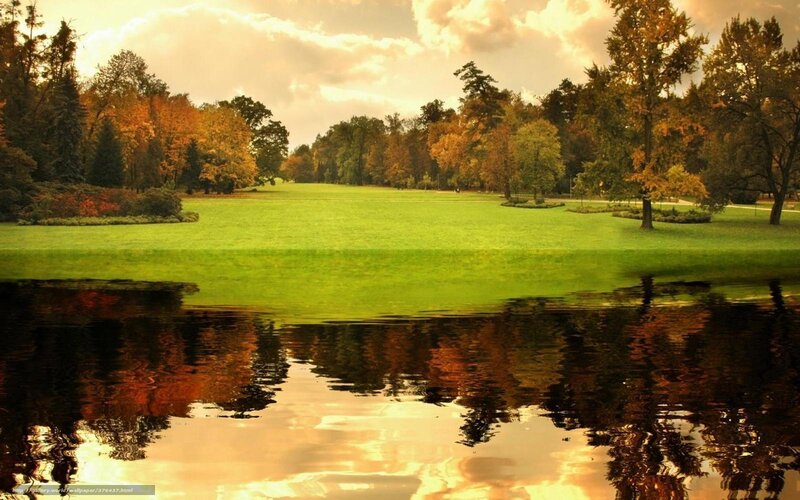 Autumn park with lake reflection