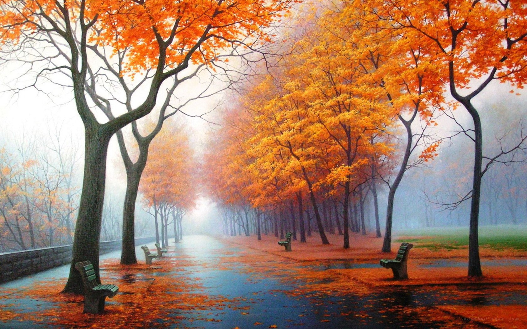 Autumn park with orange trees