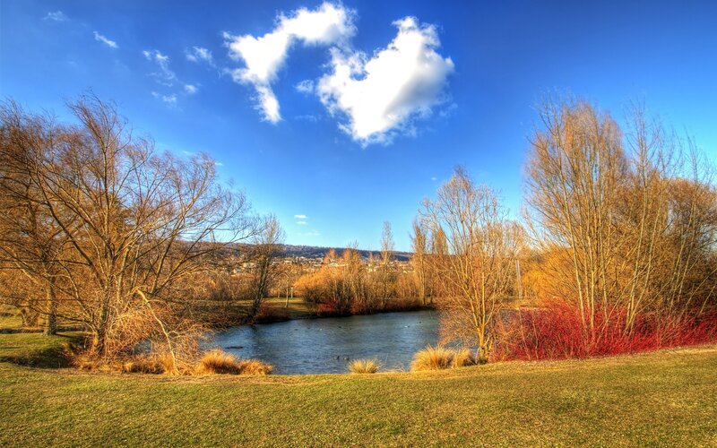 Autumn park with pond and blue sky