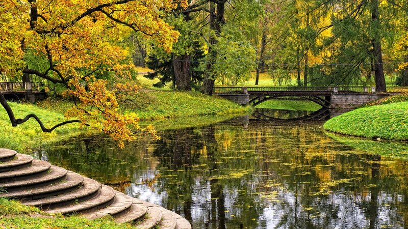 Autumn Park with River — Green, Serene