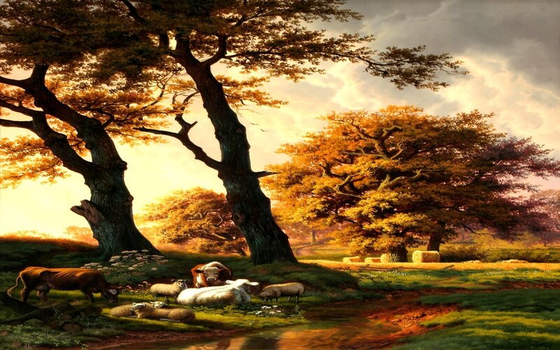 Autumn pastoral with cattle and sheep