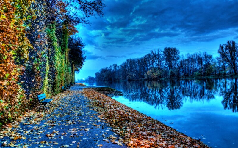 Autumn Path by River — Blue, Dramatic