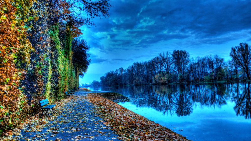 Autumn Path by River — Blue, Serene
