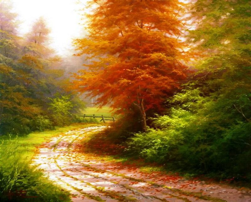 Autumn Path in Forest — Orange, Serene, Painting