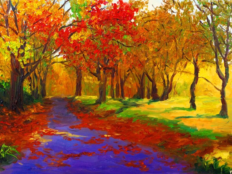 Autumn Path in Forest — Red, Serene