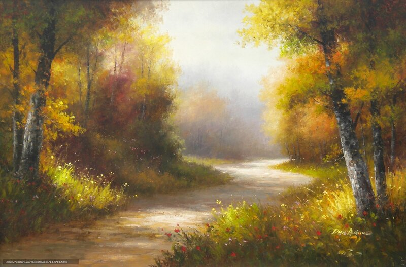 Autumn Path in Forest — Yellow, Serene, Painting