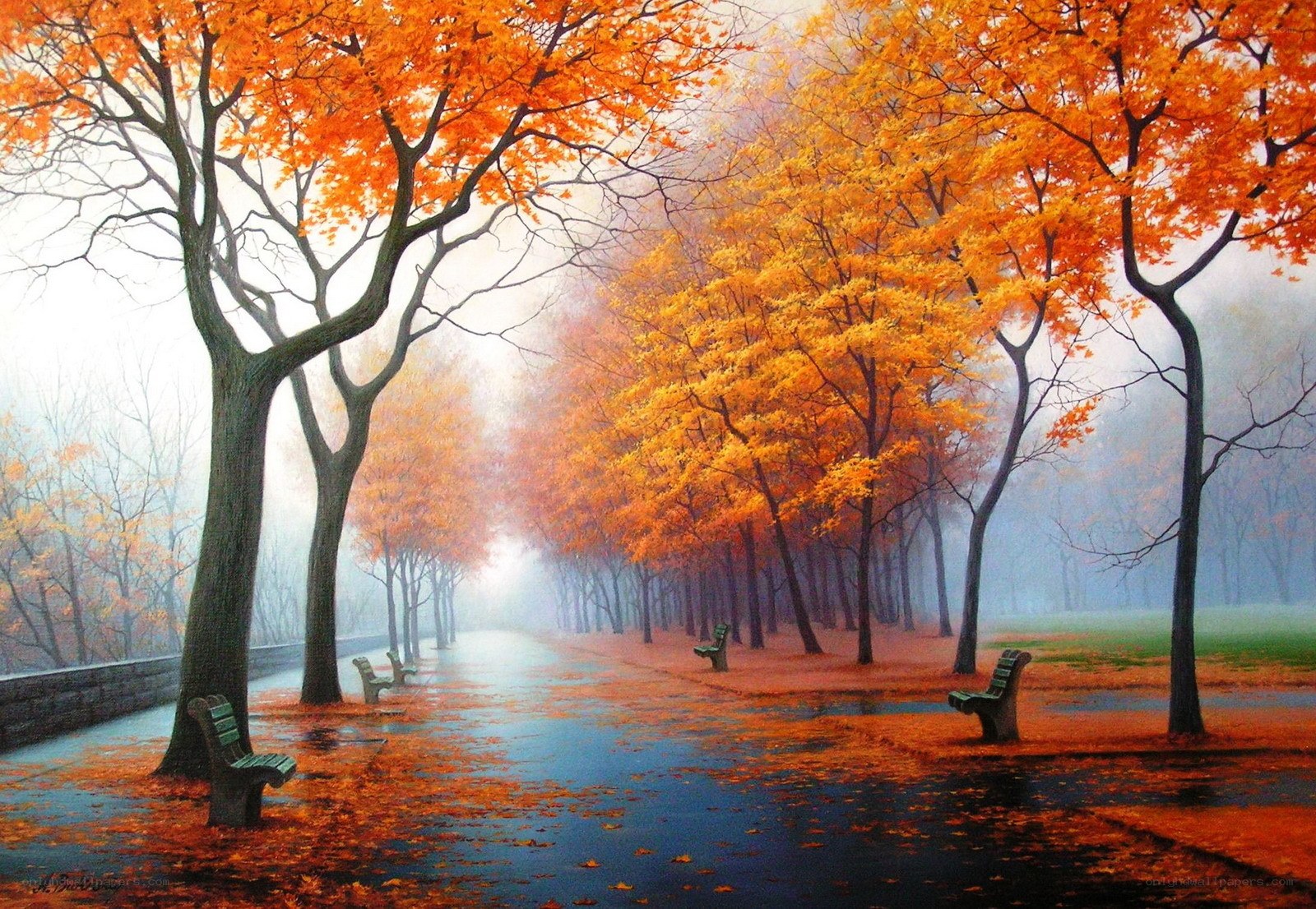Autumn path in misty park