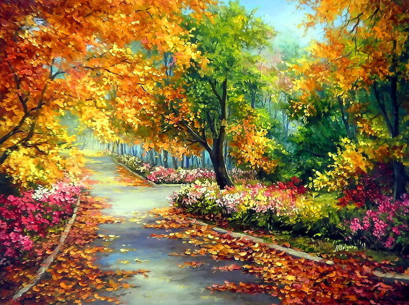 Autumn Path in Park — Orange, Serene, Painting