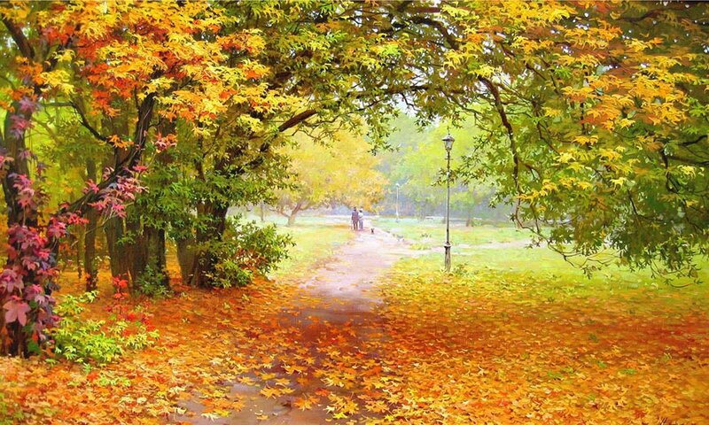 Autumn Path in Park — Orange, Serene, Painting, Trees