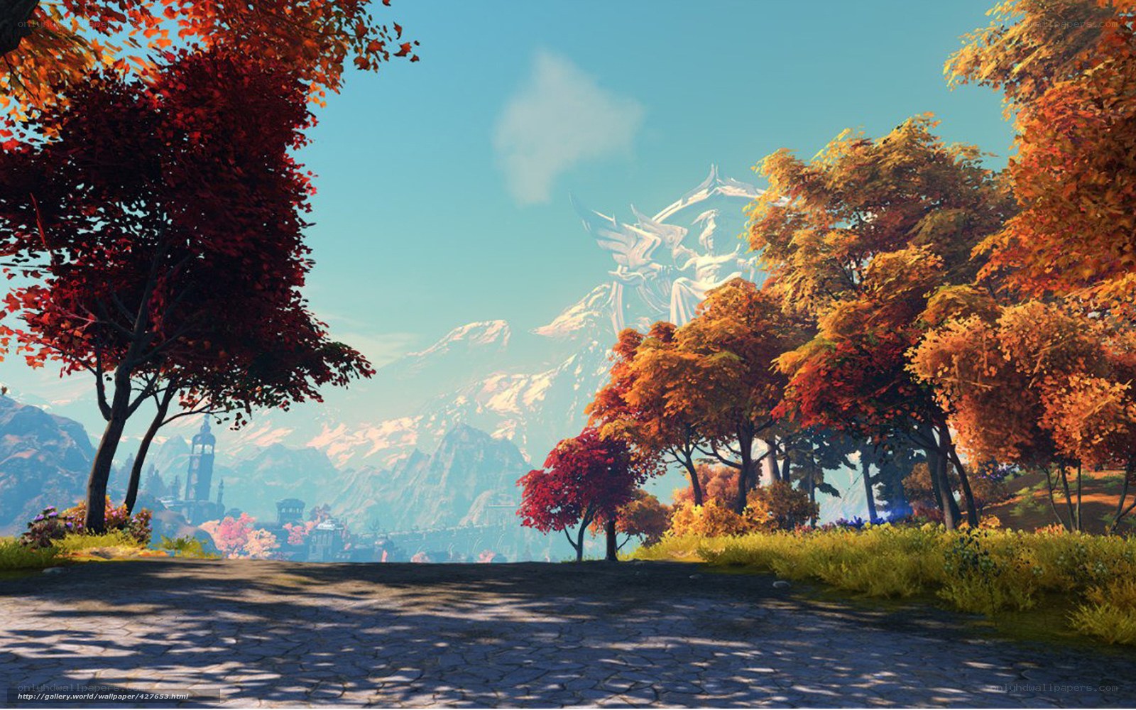 Autumn path to a mountain city