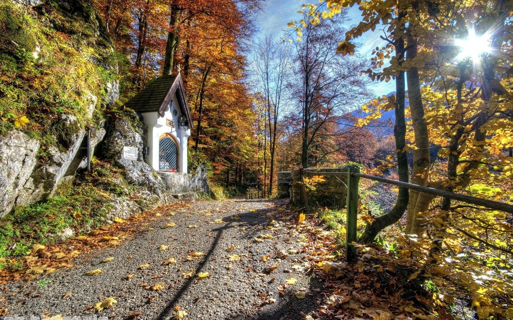 Autumn path with chapel