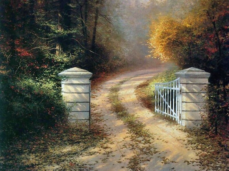 Autumn path with open gate