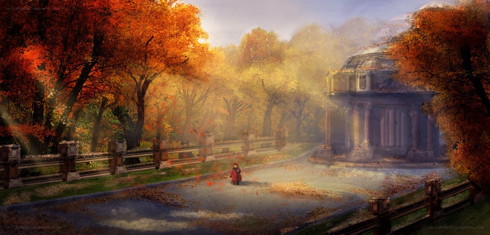 Autumn path with red coat