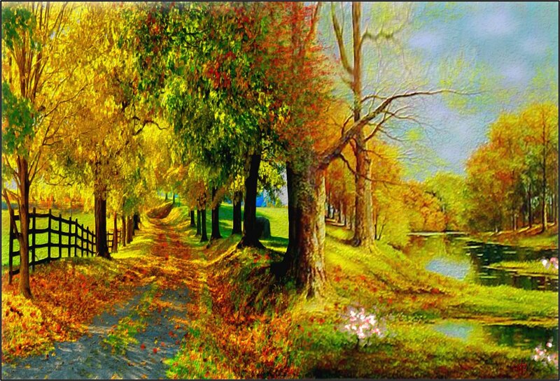 Autumn Path with Trees — Green, Serene, Painting