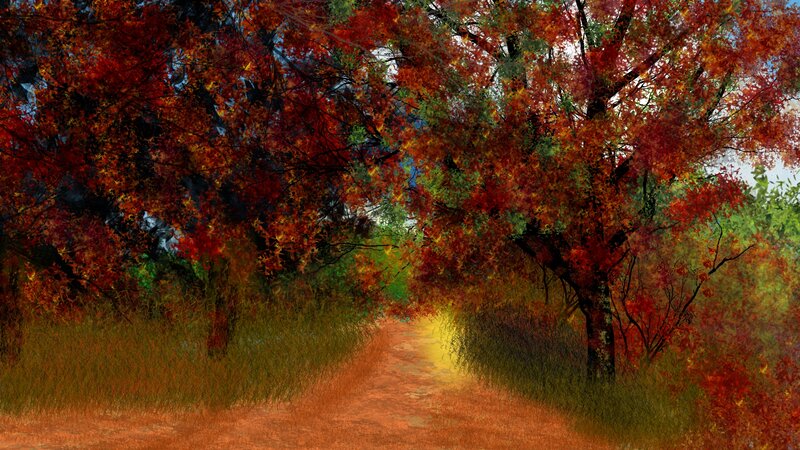 Autumn Path with Trees — Red, Serene, Digital Art