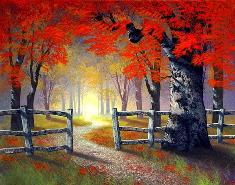 Autumn Path with Trees — Red, Serene, Painting