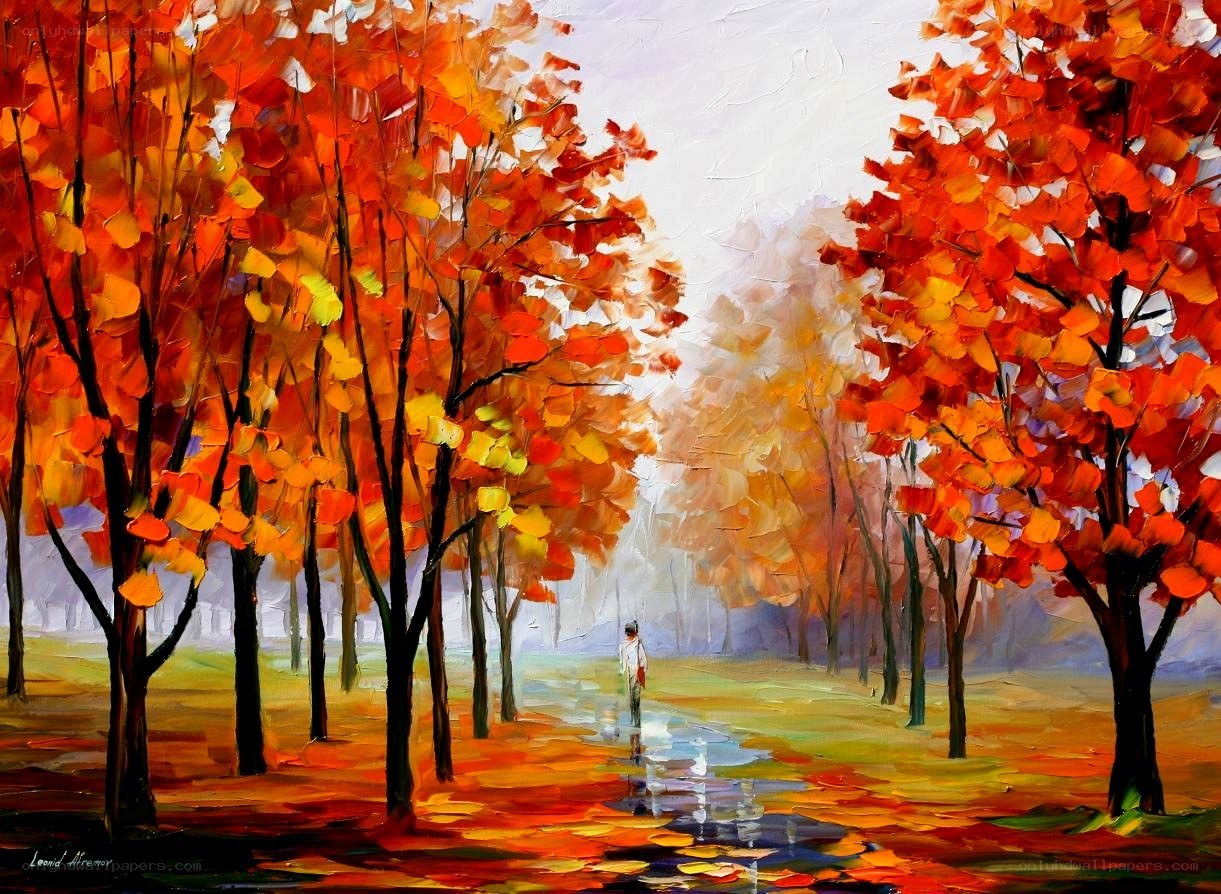 Autumn path with walking figure