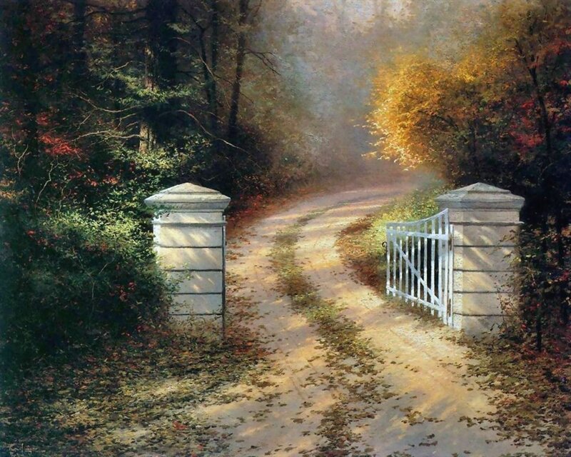 Autumn path with white gate