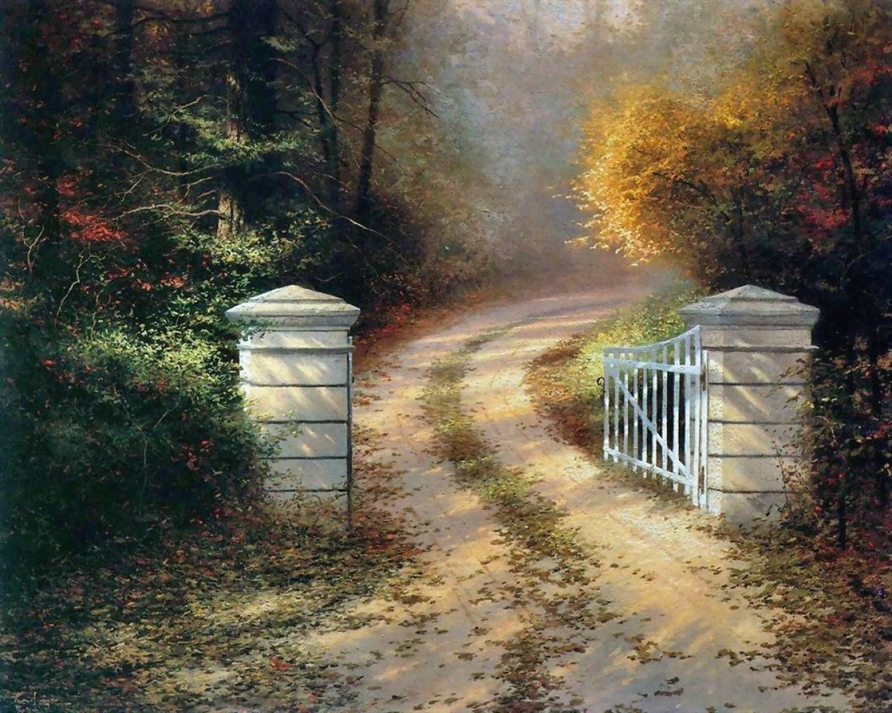 Autumn path with white gate