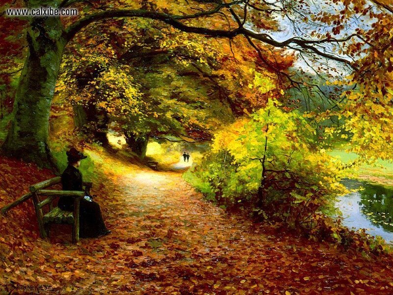 Autumn path with woman on bench