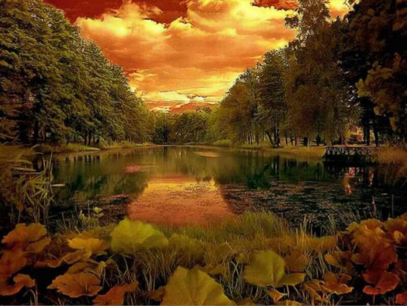 Autumn Pond at Sunset — Orange, Dramatic
