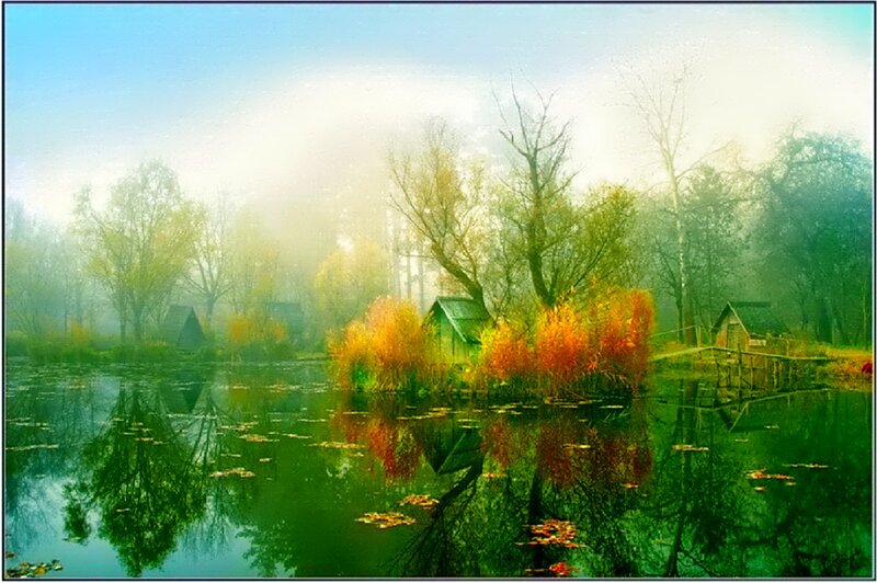 Autumn Pond with Cabins