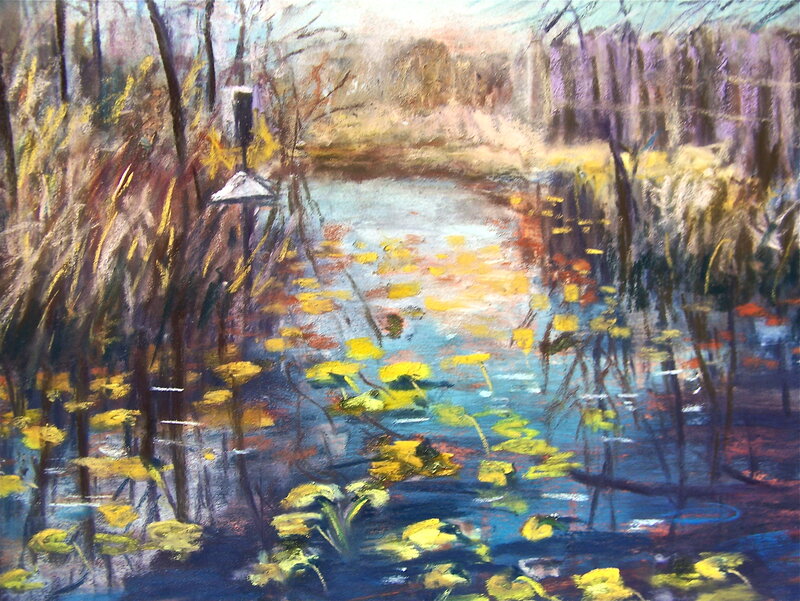 Autumn pond with lily pads