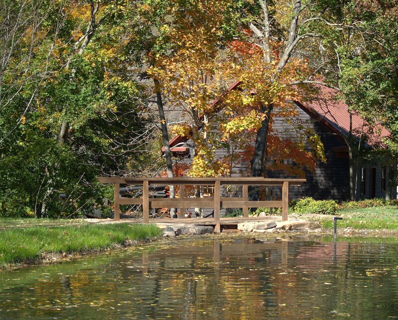 Autumn pond with wooden bridge