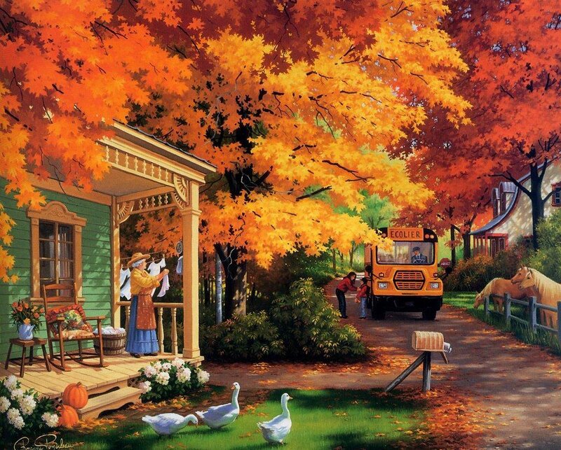 Autumn porch scene with school bus