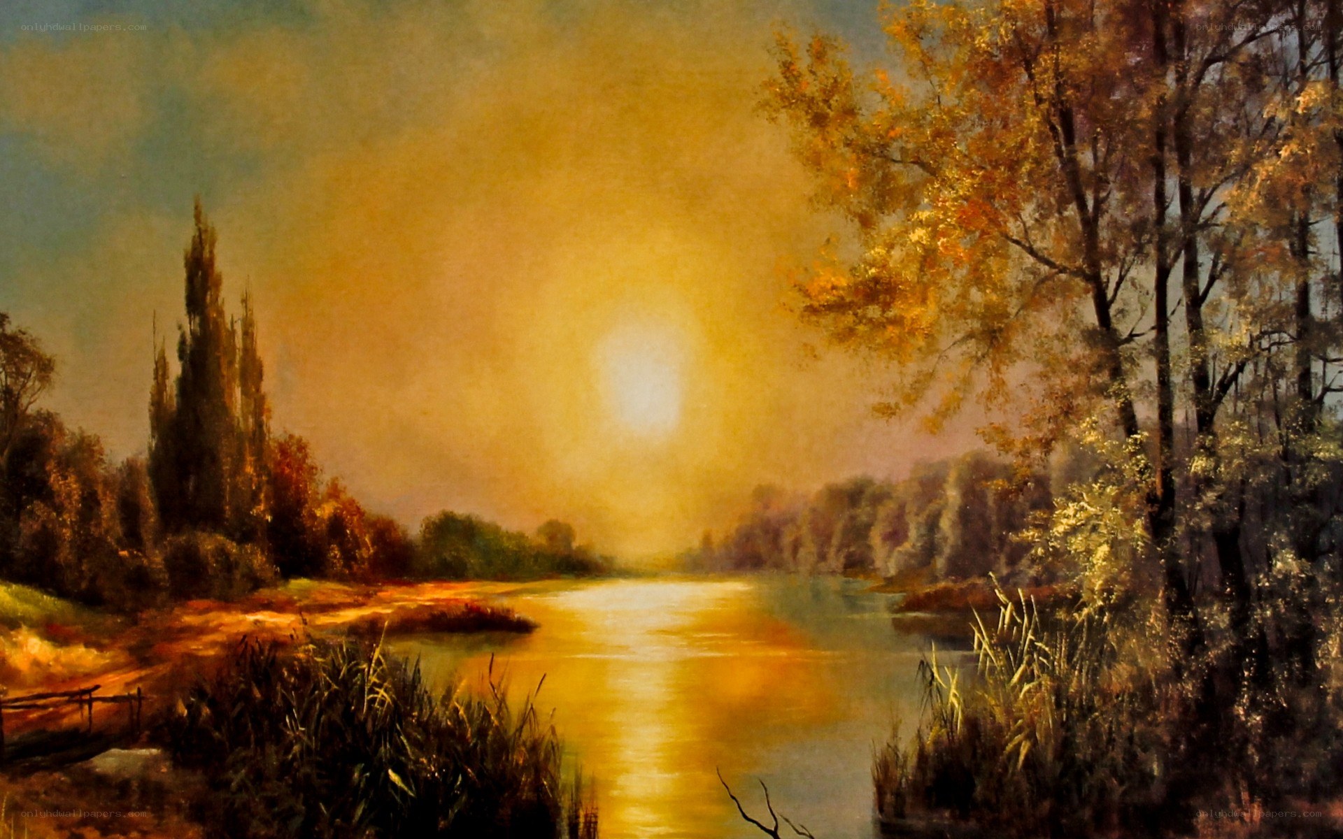 Autumn river at sunset