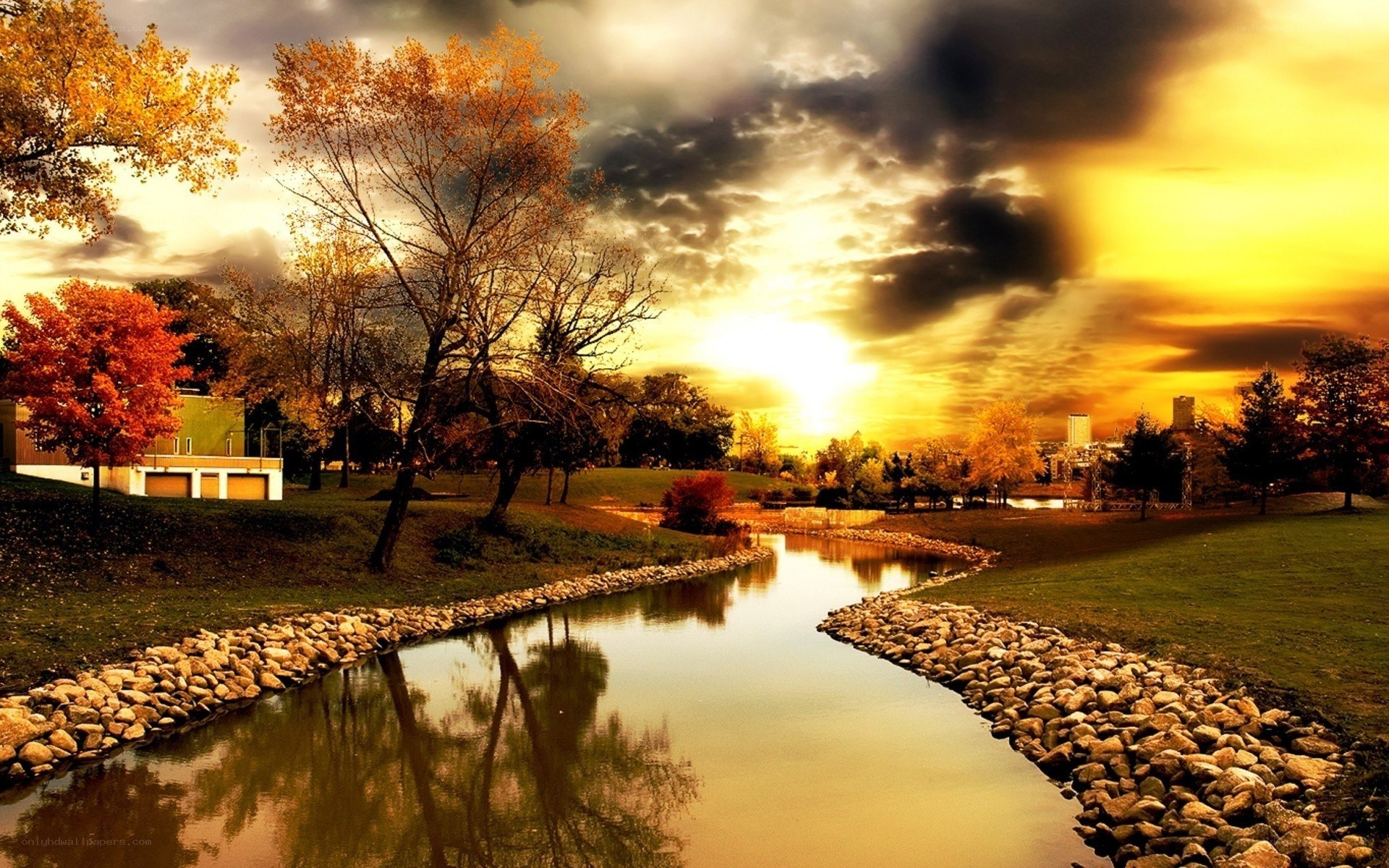 Autumn river at sunset