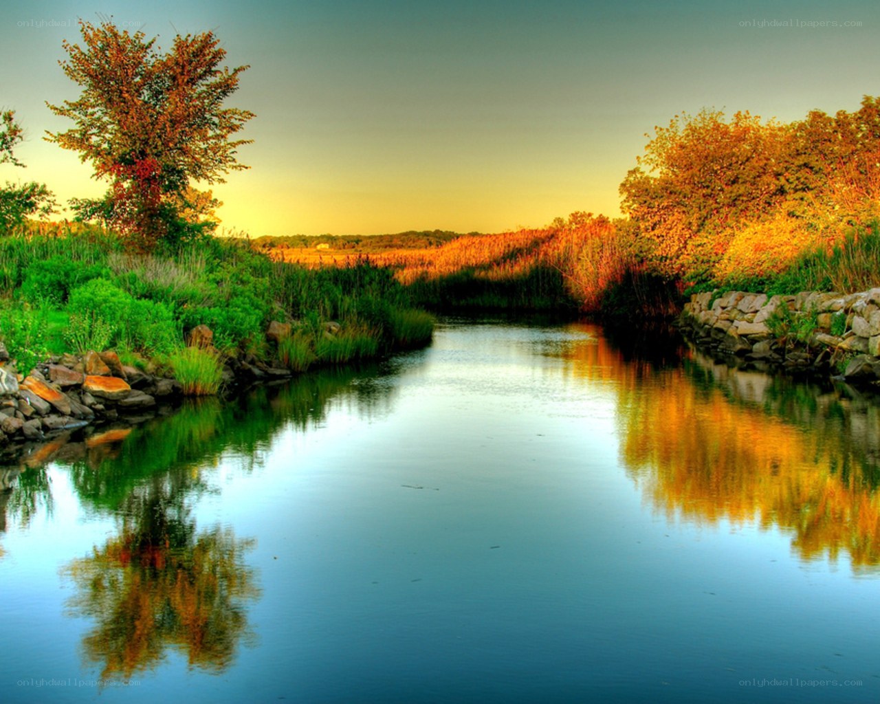 Autumn river at sunset