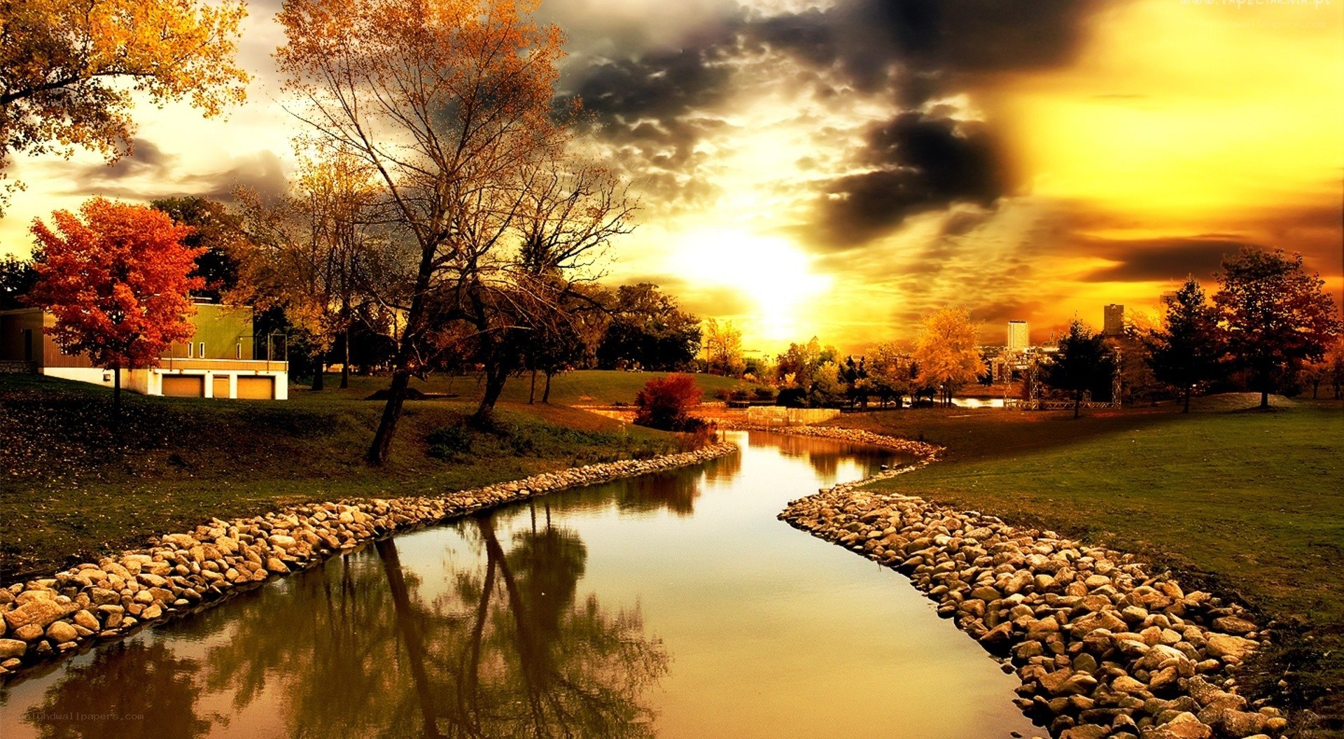 Autumn river at sunset