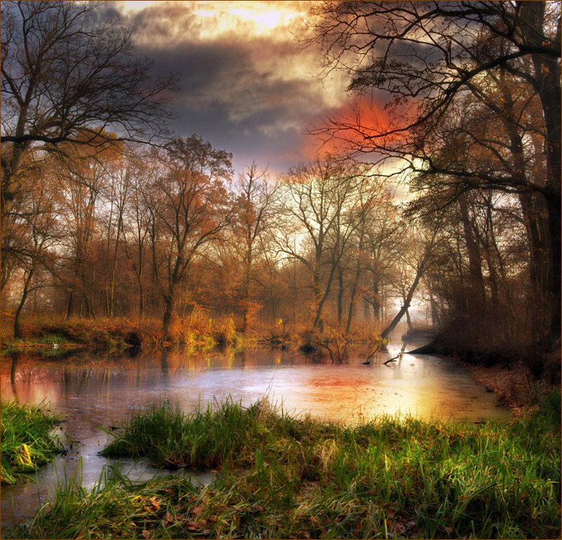 Autumn River at Sunset — Orange, Dramatic
