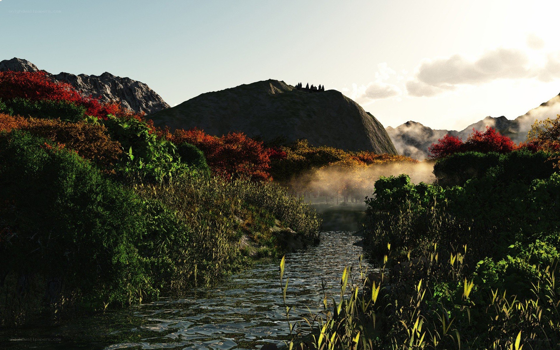 Autumn river in mountain valley