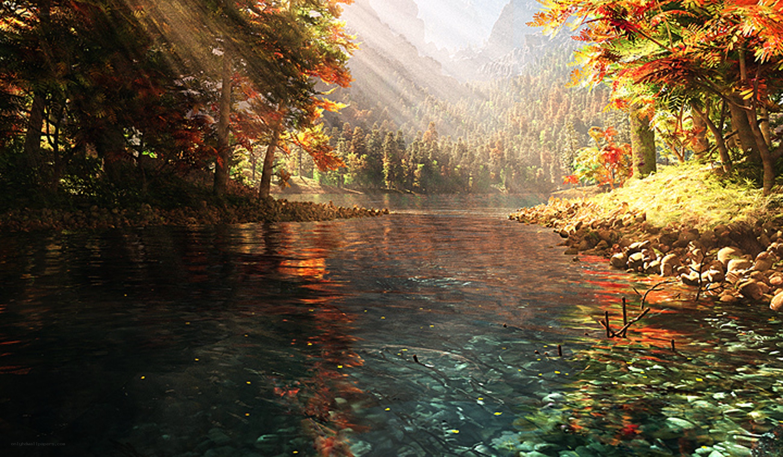 Autumn river in mountain valley