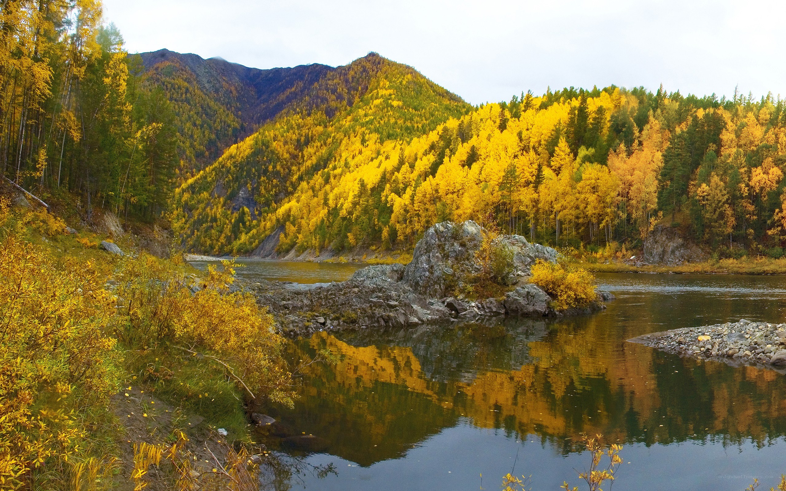 Autumn river in mountain valley
