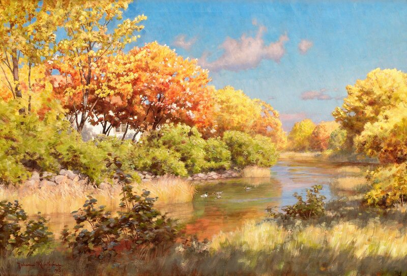 Autumn River Landscape — Blue, Serene, Painting