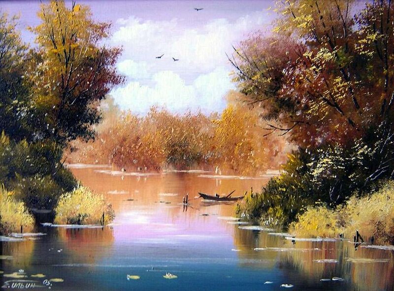 Autumn River Landscape — Blue, Serene, Painting, Trees