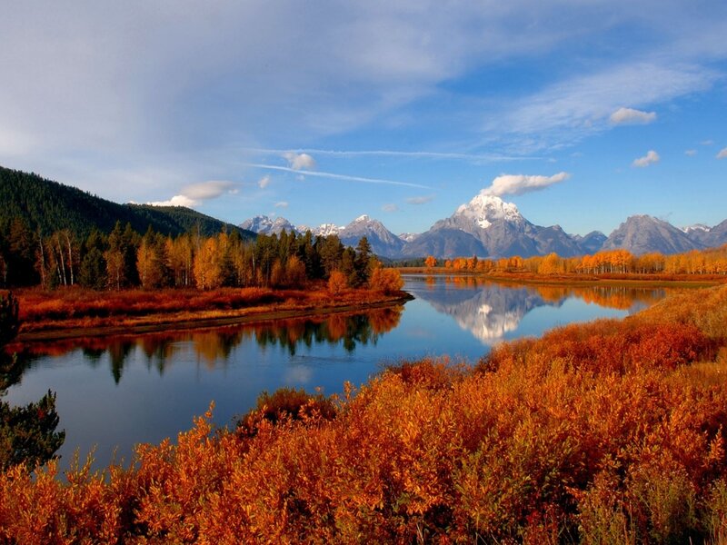 Autumn River Landscape — Blue, Serene, Photograph, Mountains, Trees
