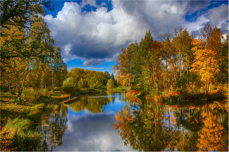 Autumn River Landscape — Blue, Serene, Photograph, Trees, Clouds