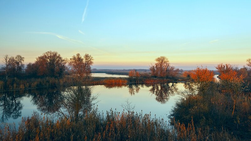 Autumn River Landscape — Blue, Serene, Sunset
