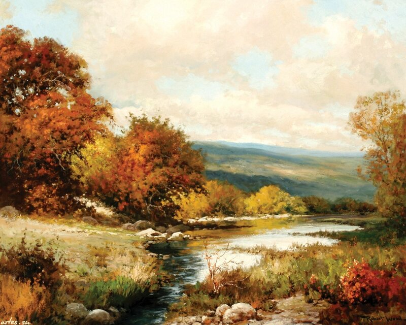 Autumn River Landscape — Orange, Serene, Painting