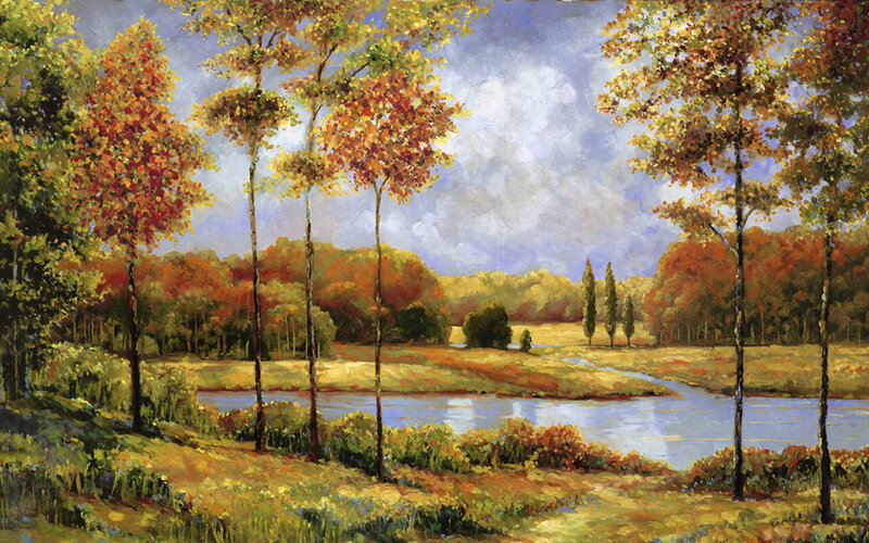Autumn River Landscape — Orange, Serene, Painting, Trees