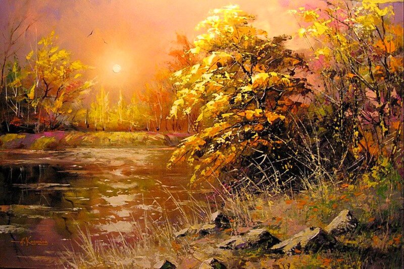 Autumn River Landscape — Orange, Serene, Sunset, Painting