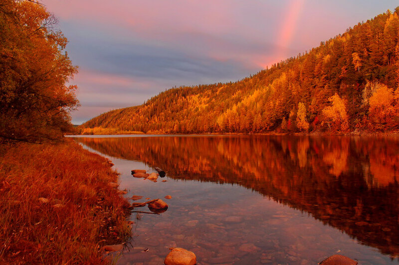 Autumn River Landscape — Orange, Serene, Sunset